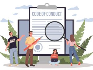 Graphic with drawings of people looking at a code of conduct document